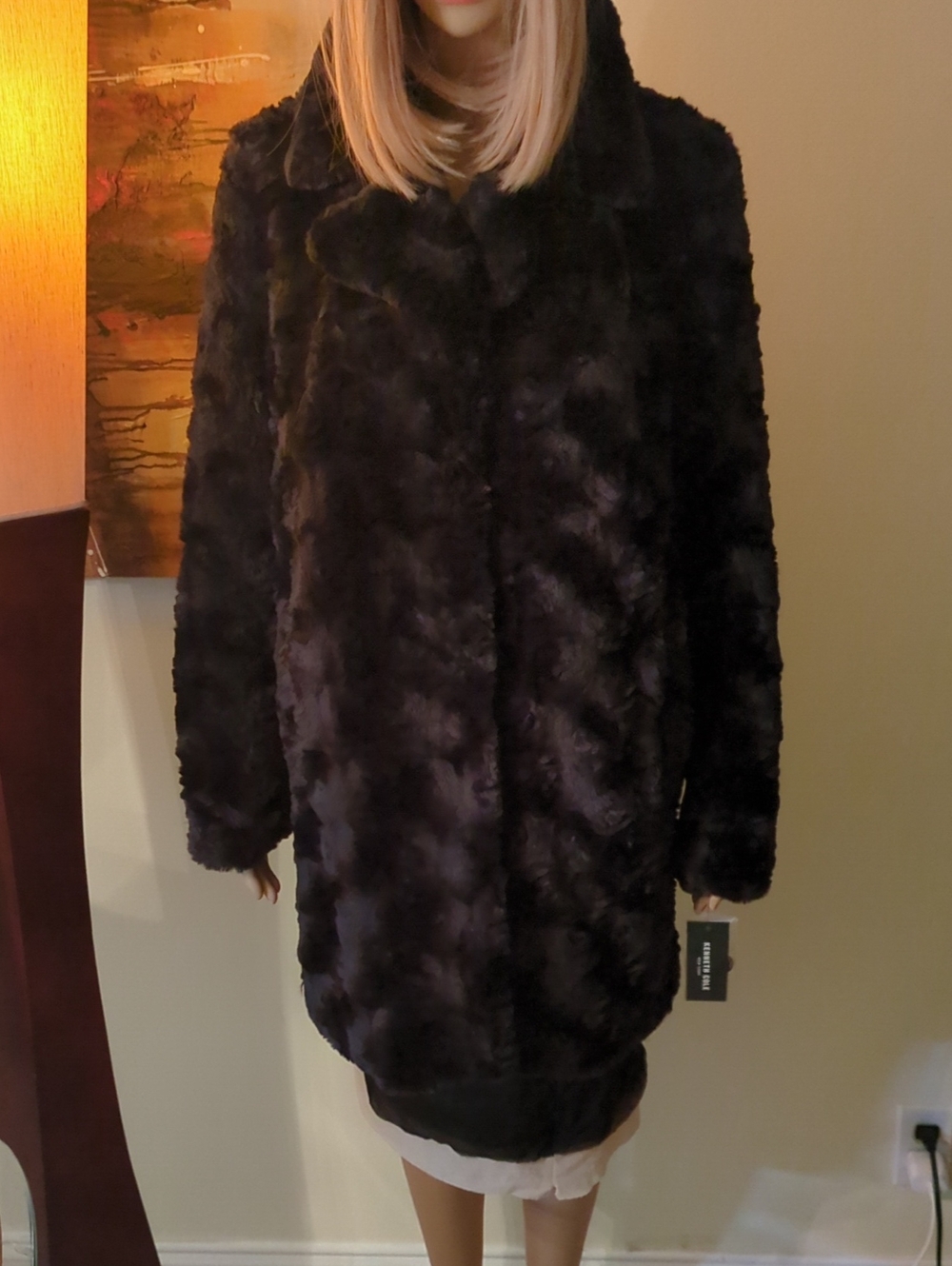 Kenneth Cole Faux Fur Coat in Black Large NWT